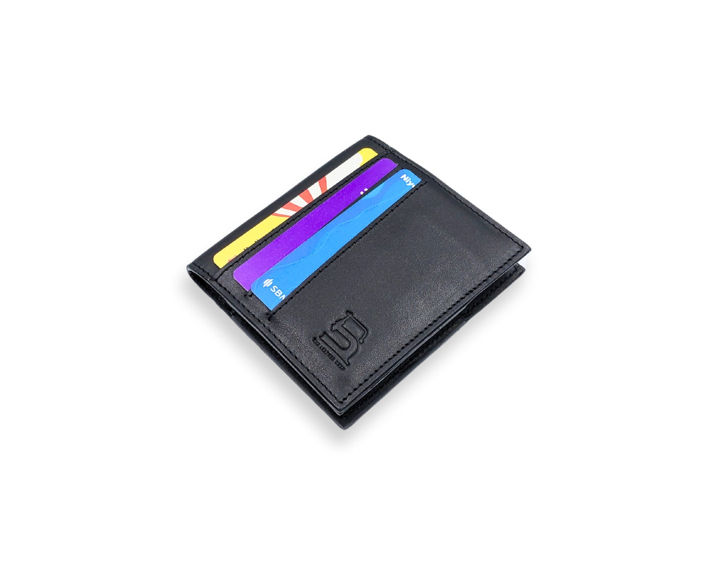 Slim Button Leather Bifold Wallet -Black– Compact Card Holder with Cash Compartment
