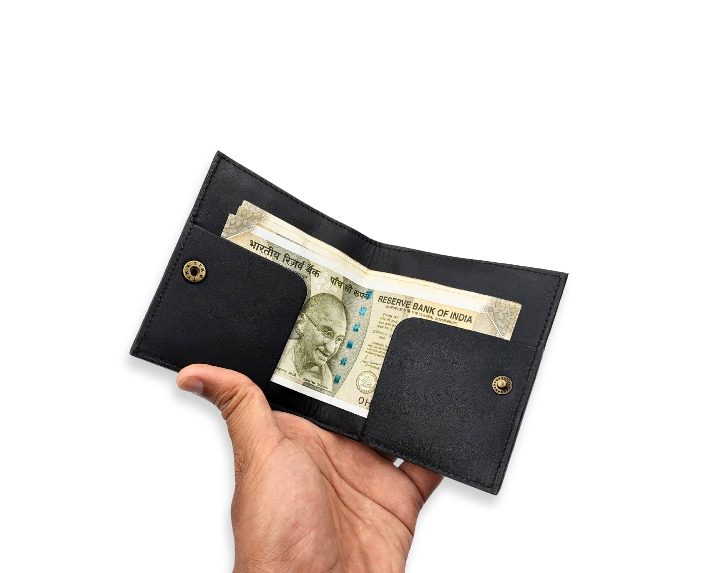 Slim Button Leather Bifold Wallet -Black– Compact Card Holder with Cash Compartment