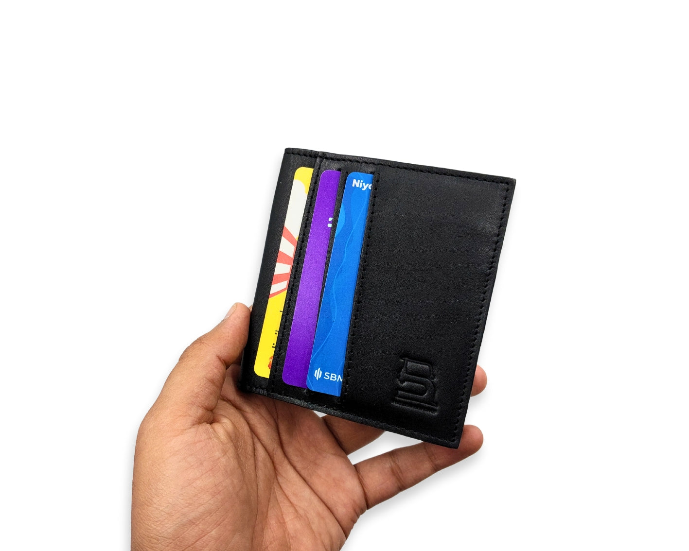 Slim Button Leather Bifold Wallet -Black– Compact Card Holder with Cash Compartment