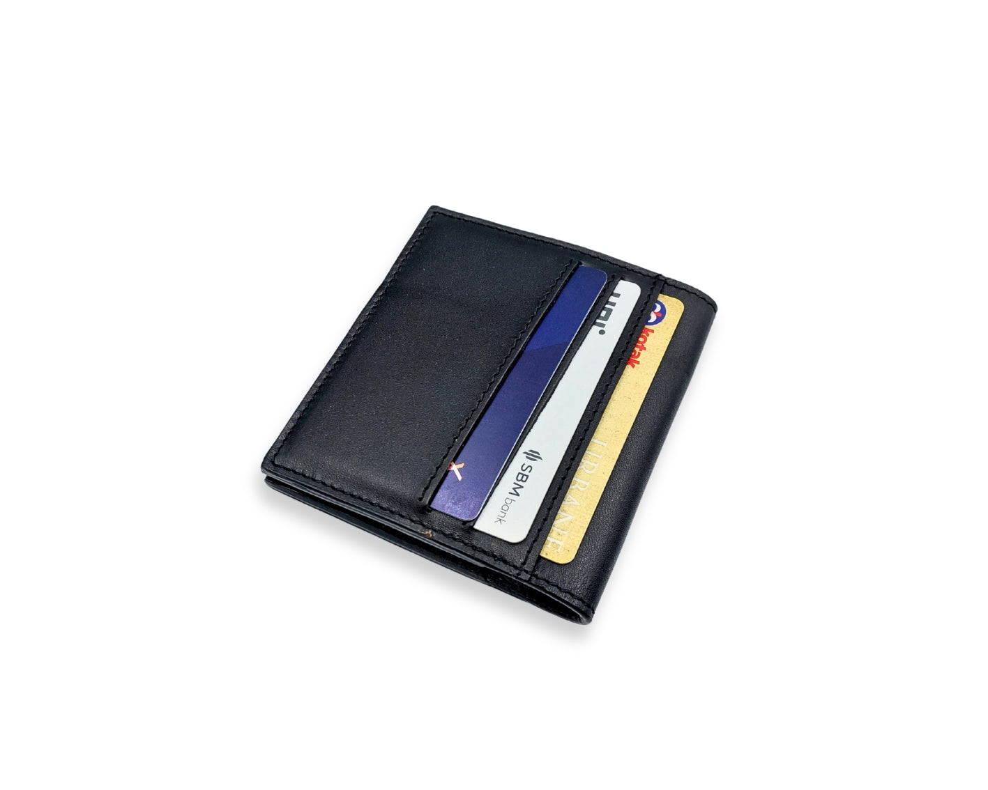 Slim Button Leather Bifold Wallet -Black– Compact Card Holder with Cash Compartment