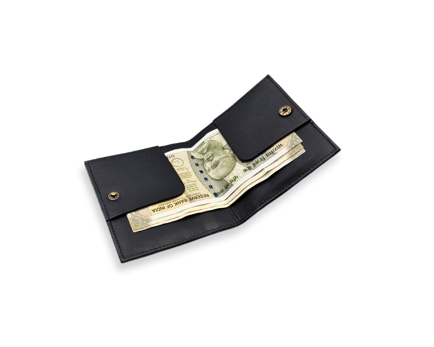Slim Button Leather Bifold Wallet -Black– Compact Card Holder with Cash Compartment