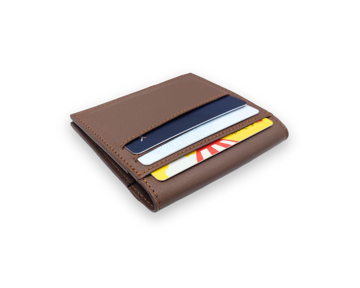 Slim Button Leather Bifold Wallet -Tan– Compact Card Holder with Cash Compartment