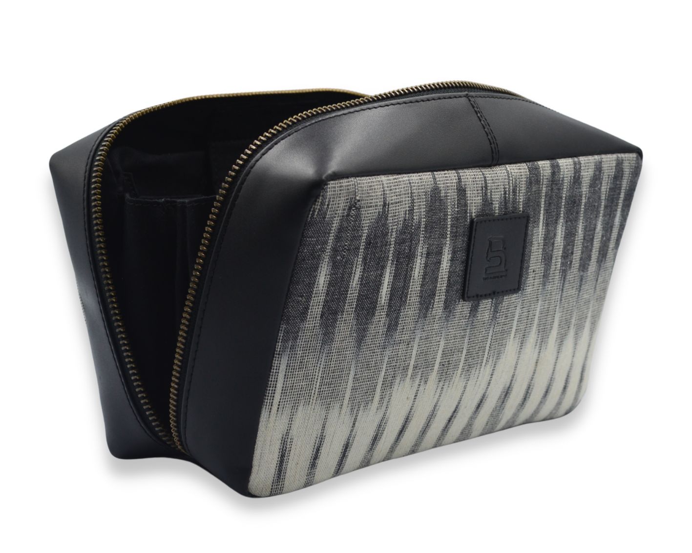 Tech Pouch - Cream & Black IKAT + Leather