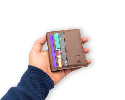 Slim Button Leather Bifold Wallet -Tan– Compact Card Holder with Cash Compartment