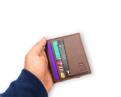 Slim Button Leather Bifold Wallet -Tan– Compact Card Holder with Cash Compartment