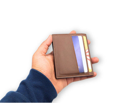Slim Button Leather Bifold Wallet -Tan– Compact Card Holder with Cash Compartment