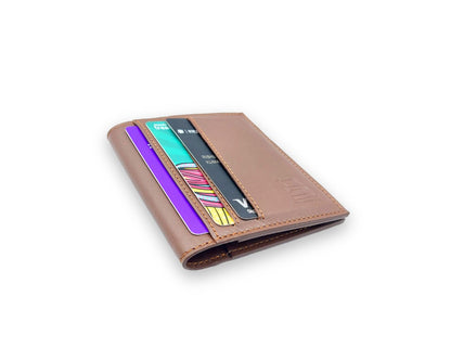 Slim Button Leather Bifold Wallet -Tan– Compact Card Holder with Cash Compartment
