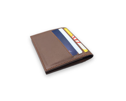 Slim Button Leather Bifold Wallet -Tan– Compact Card Holder with Cash Compartment