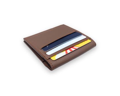Slim Button Leather Bifold Wallet -Tan– Compact Card Holder with Cash Compartment
