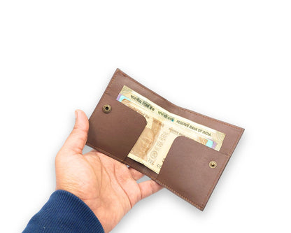 Slim Button Leather Bifold Wallet -Tan– Compact Card Holder with Cash Compartment