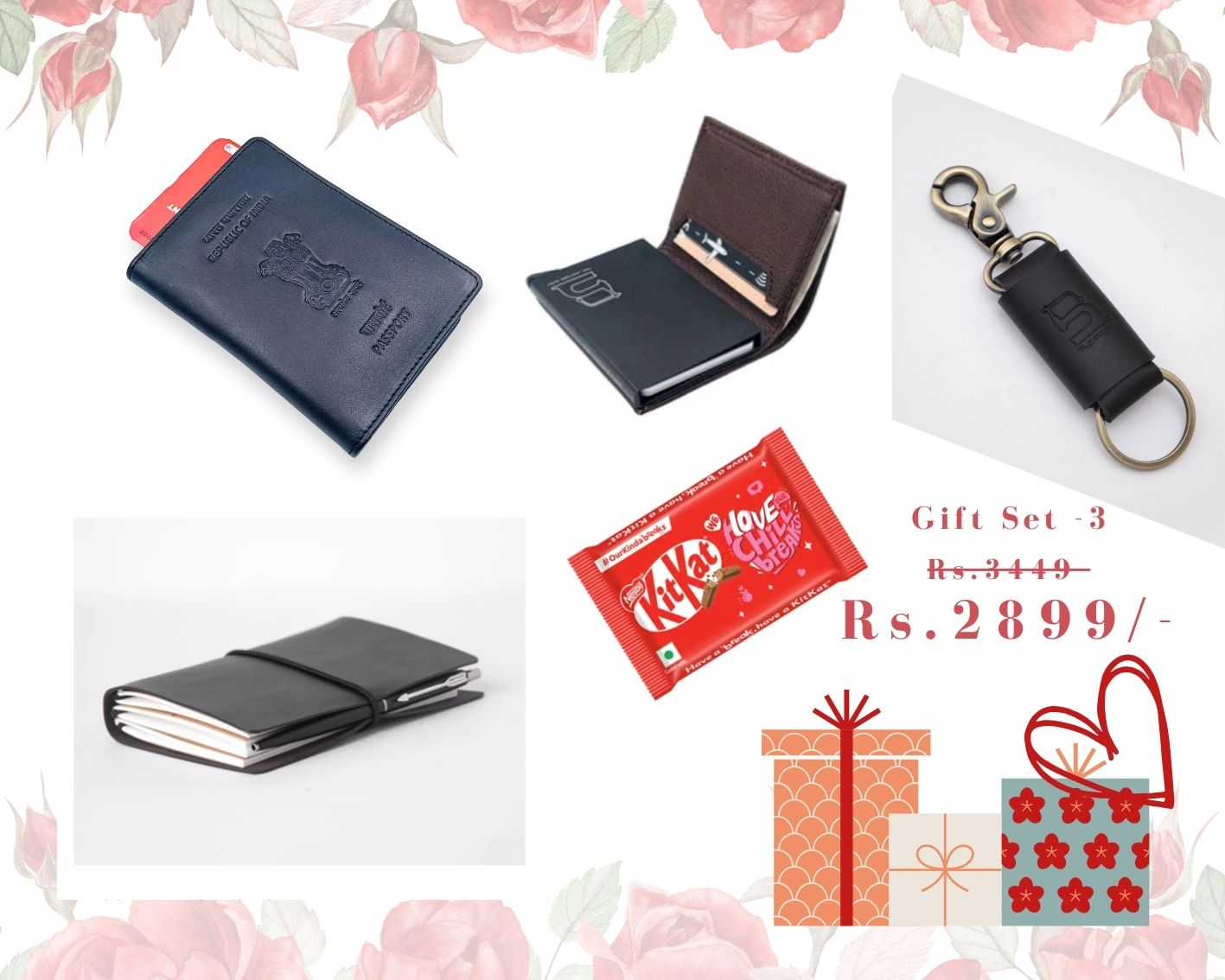 Valentine’s Gift Set for Him: Ashoka Elite Passport Wallet, Urban Slim Wallet, Field Journal, Leather key Loop & Free KitKat