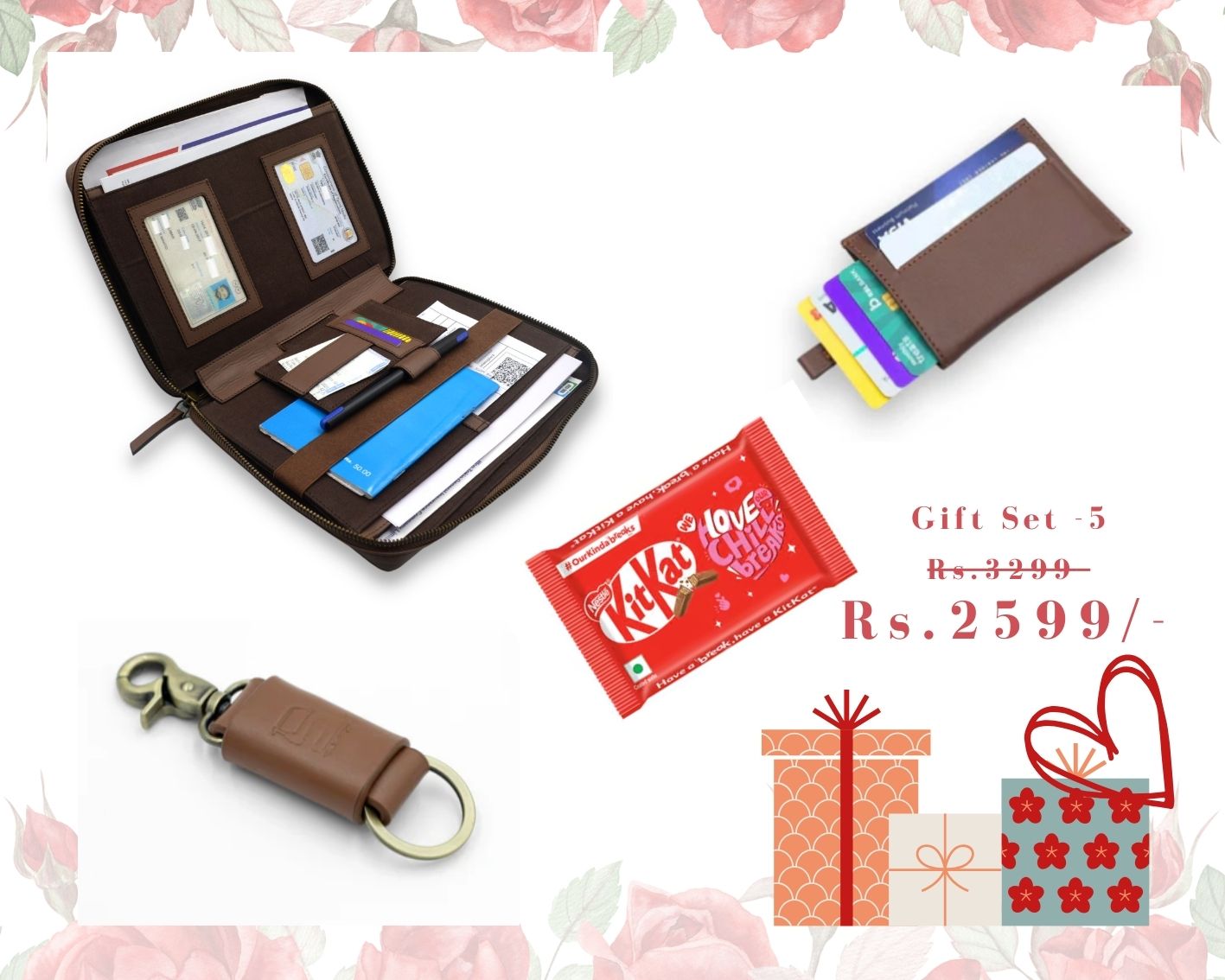 Valentine’s Gift Set for Him: Car Document Holder, Snap - Slim Pull Tab Card Wallet, Leather key Loop & Free KitKat