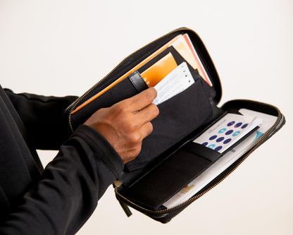 Bank Organiser - Black Ikat + Black Leather