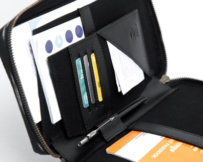 Bank Organiser - Black Ikat + Black Leather