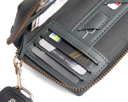 Compact Army Green set (Compact Zipper Wallet - Army Green + Leather Key Loop - Army Green)