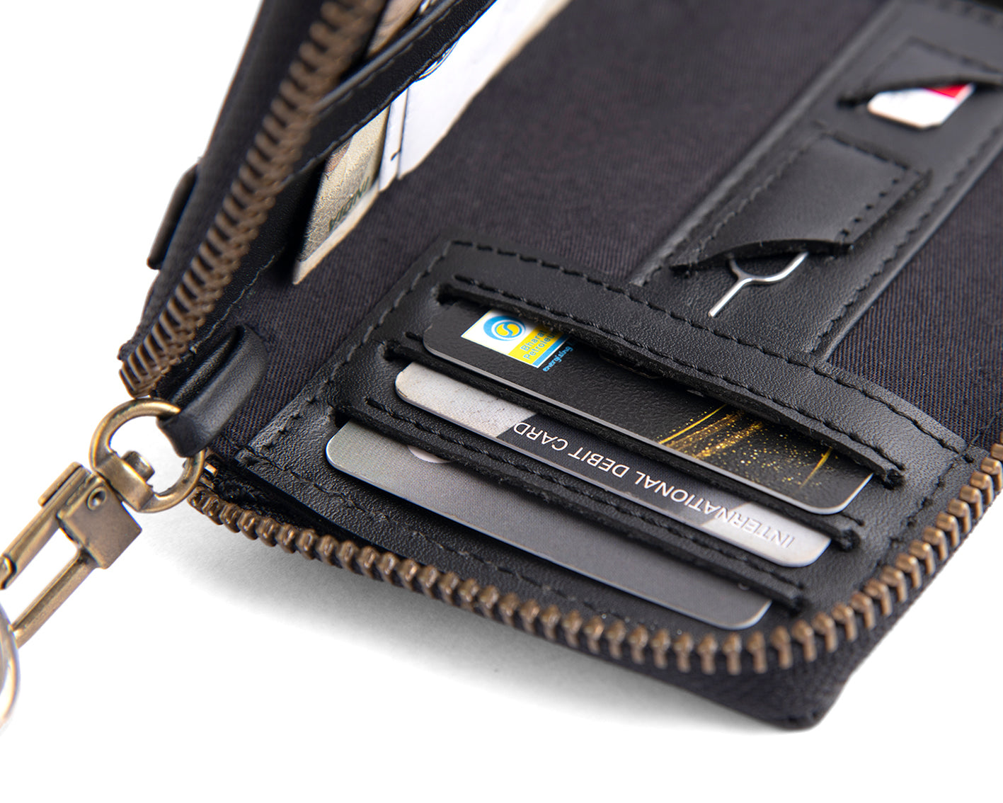 Jet Black Set (Compact Zipper Wallet - BLACK + Leather Key Loop - BLACK)