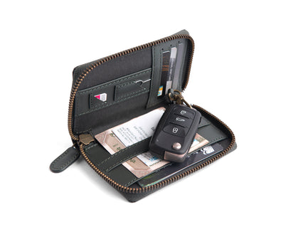 Compact Army Green set (Compact Zipper Wallet - Army Green + Leather Key Loop - Army Green)