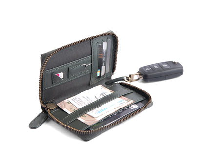 Compact Army Green set (Compact Zipper Wallet - Army Green + Leather Key Loop - Army Green)