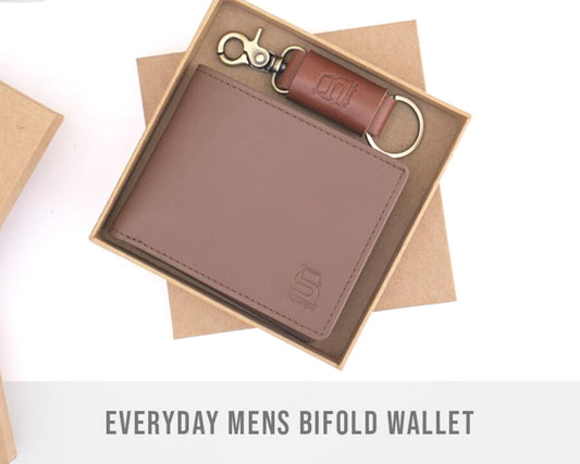 Minimalist Set (Everyday Mens Bifold Wallet + Leather Key Loop - Tan)