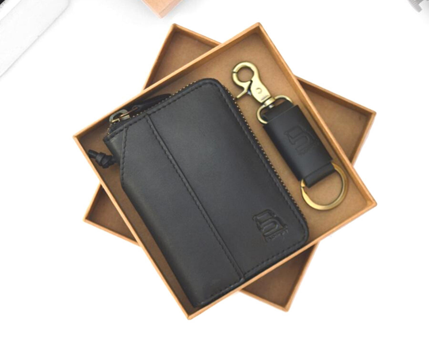 Jet Black Set (Compact Zipper Wallet - BLACK + Leather Key Loop - BLACK)